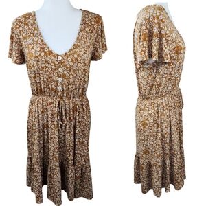 Keileigh Floral V Neck Mini Dress Mustard Brown Short Sleeve Size Medium